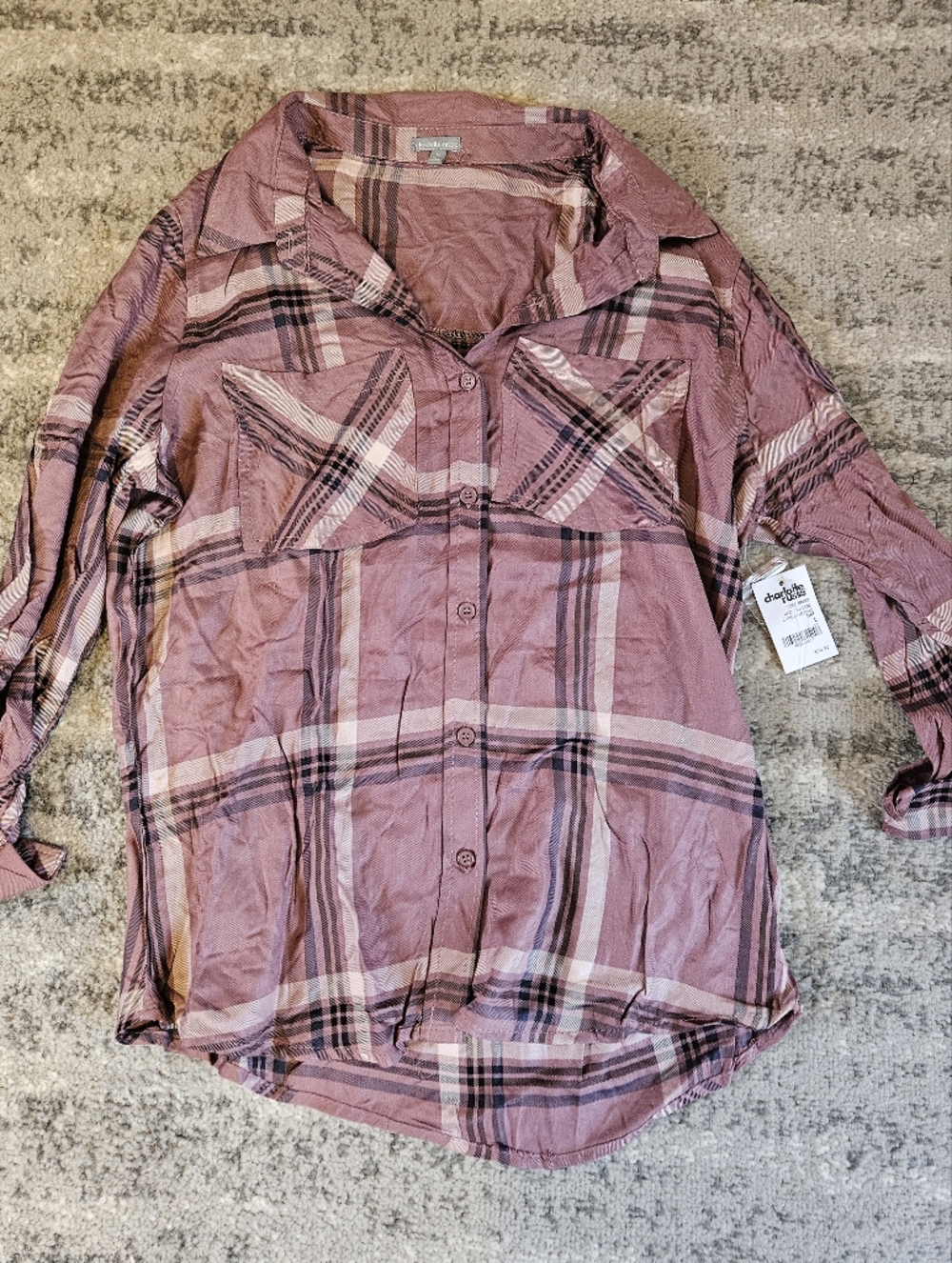 NWT - Charlotte Russe Button-down Flannel Longsleeve Shirt, Pink Plaid, Size M